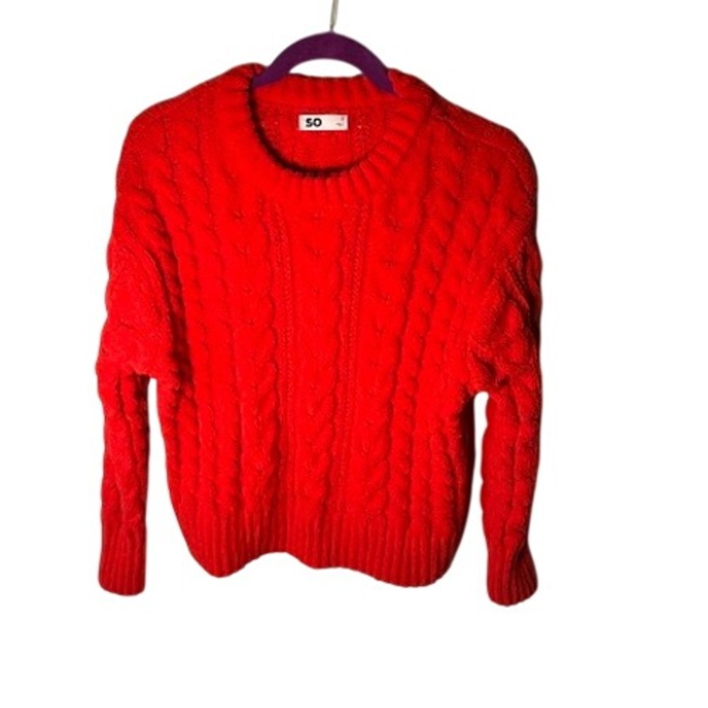 SO Cable Knit Sweater Red Crew Neck Chunky Long Sleeve Size S